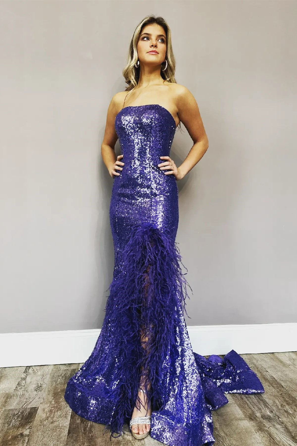 Fuchsia Sequin Feather Strapless Mermaid Long Prom Dress with Slit