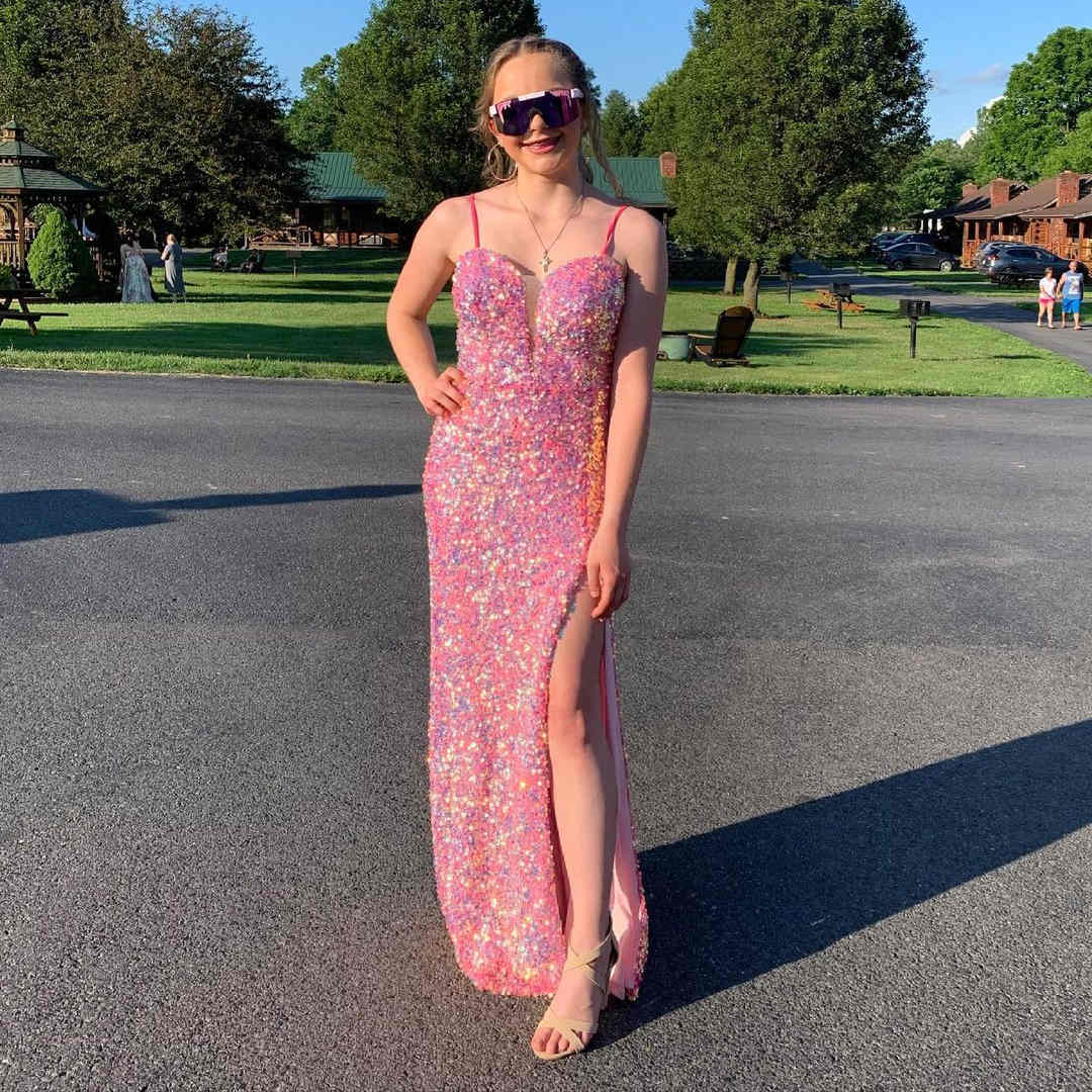 Glitter Pink Sequins Mermaid Long Prom Dress with Slit