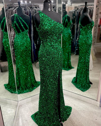 One Shoulder Hot Pink Sequins Long Formal Gown