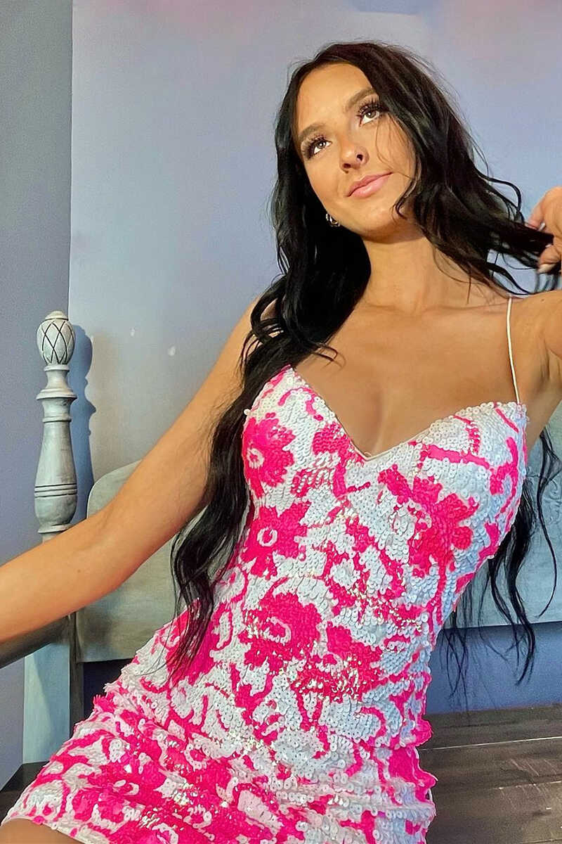 Pink Sequins Flower Print Lace-Up Mini Cocktail Dress