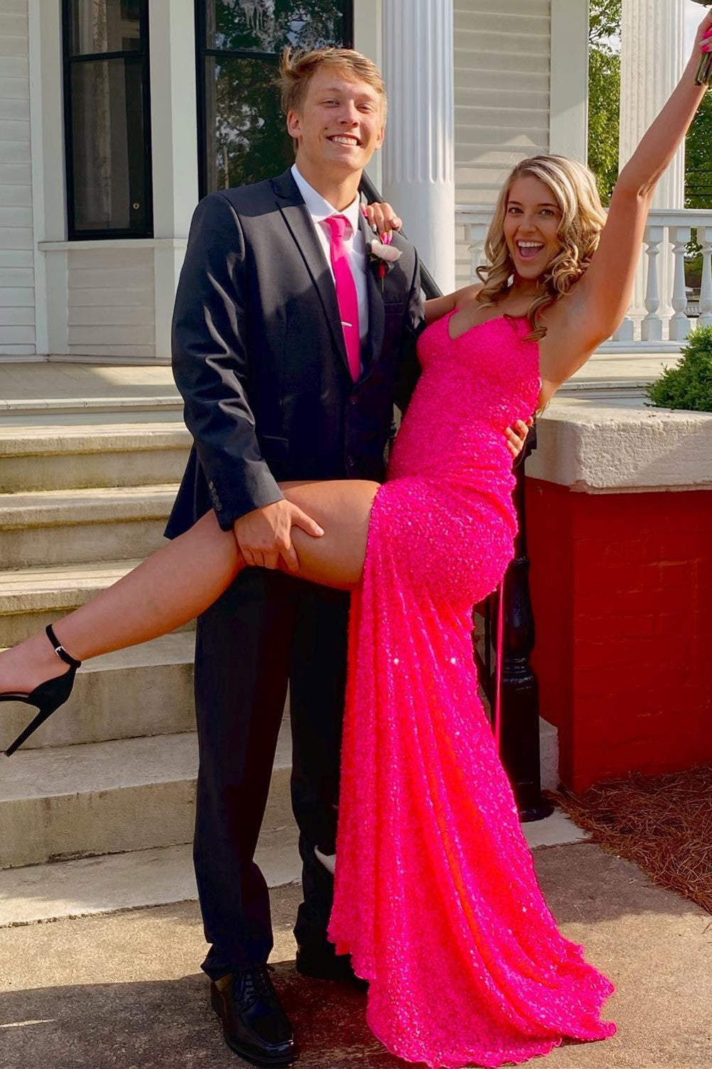 Spaghetti Straps Pink Sequins Mermaid Long Prom Dress