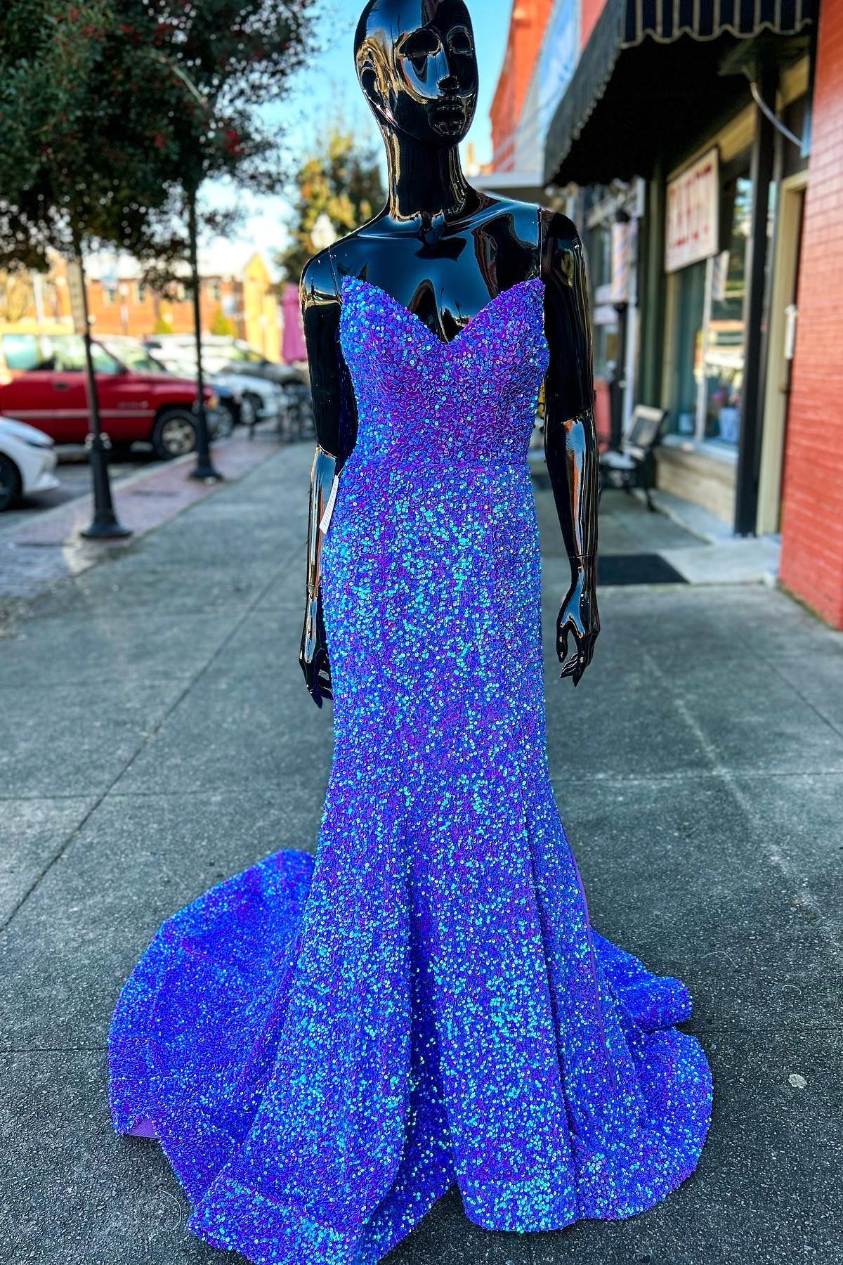 Periwinkle Iridescent Sequin Strapless Lace-Up Mermaid Long Prom Dress