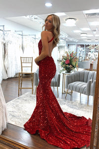 Blue Sequin V-Neck Cross-Back Mermaid Long Prom Dress