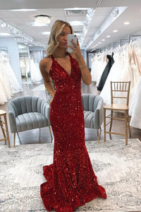 Blue Sequin V-Neck Cross-Back Mermaid Long Prom Dress