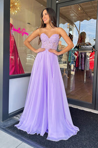 Lilac Applique Strapless A-Line Long Prom Dress