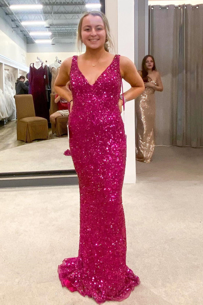 Magenta Sequin V-Neck Mermaid Long Prom Dress