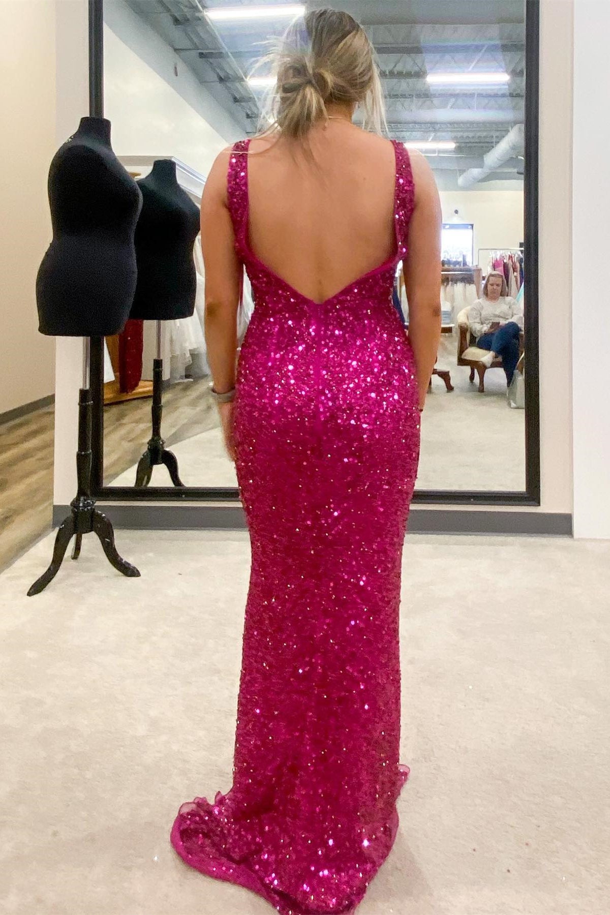 Magenta Sequin V-Neck Mermaid Long Prom Dress