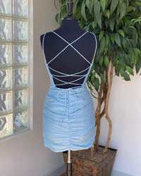 Neon Pink Beaded Spaghetti Straps Lace-Up Mini Formal Dress