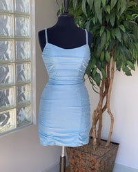 Neon Pink Beaded Spaghetti Straps Lace-Up Mini Formal Dress