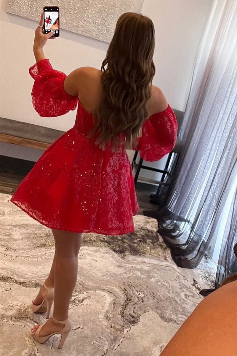 Red Sequin Strapless Short Party Dress with Removable Sleeves