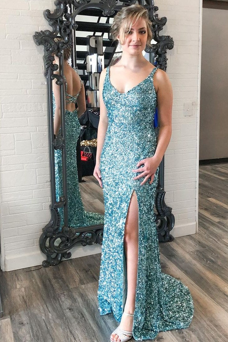 Fuchsia Sequins Mermaid Long Formal Dress with Slit