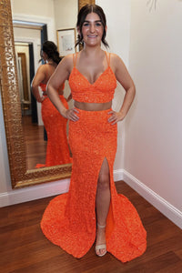 Orange Two Piece Lace-Up Double Straps Sequins Long Prom Dress with Slit