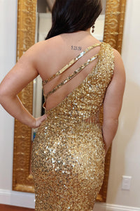 Gold One Shoulder Sequins Straps Cut-Out Long Prom Dress with Slit