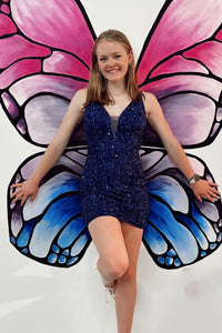 Hot Pink Sequin Plunge V Short Homecoming Dress