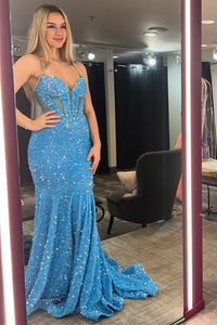 White Iridescent Sequin Straps Cutout Mermaid Long Prom Dress