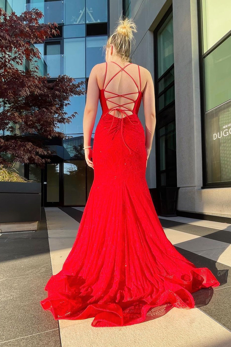 Red Lace Empire Mermaid Long Prom Dress