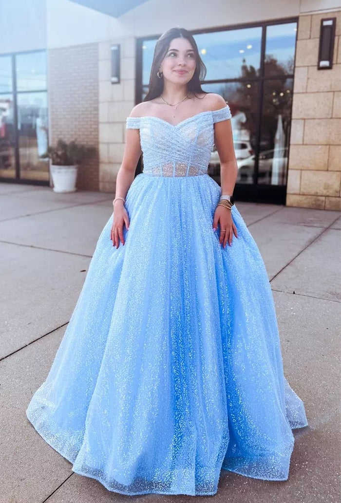 Sparkle Light Blue Off-the-Shoulder A-Line Prom Gown