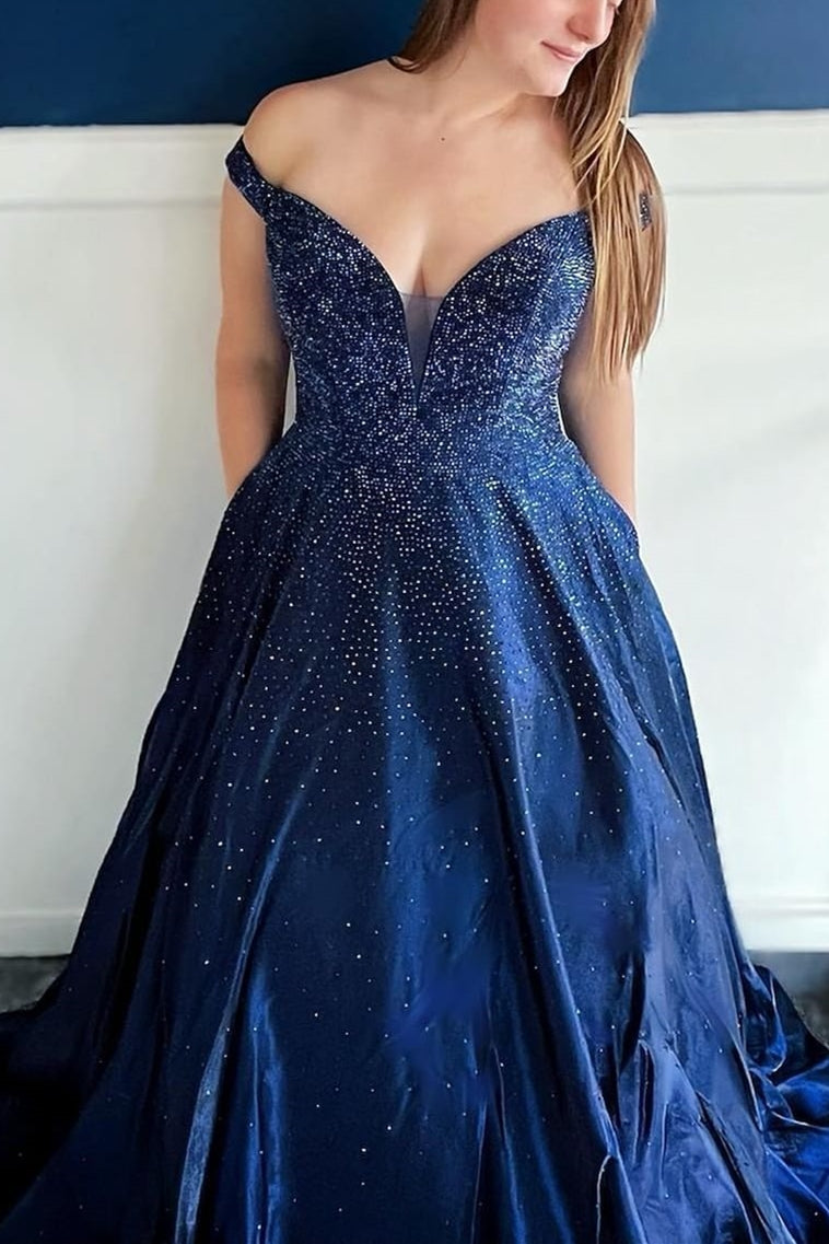 Elegant beaded off hot sale shoulder evening gown