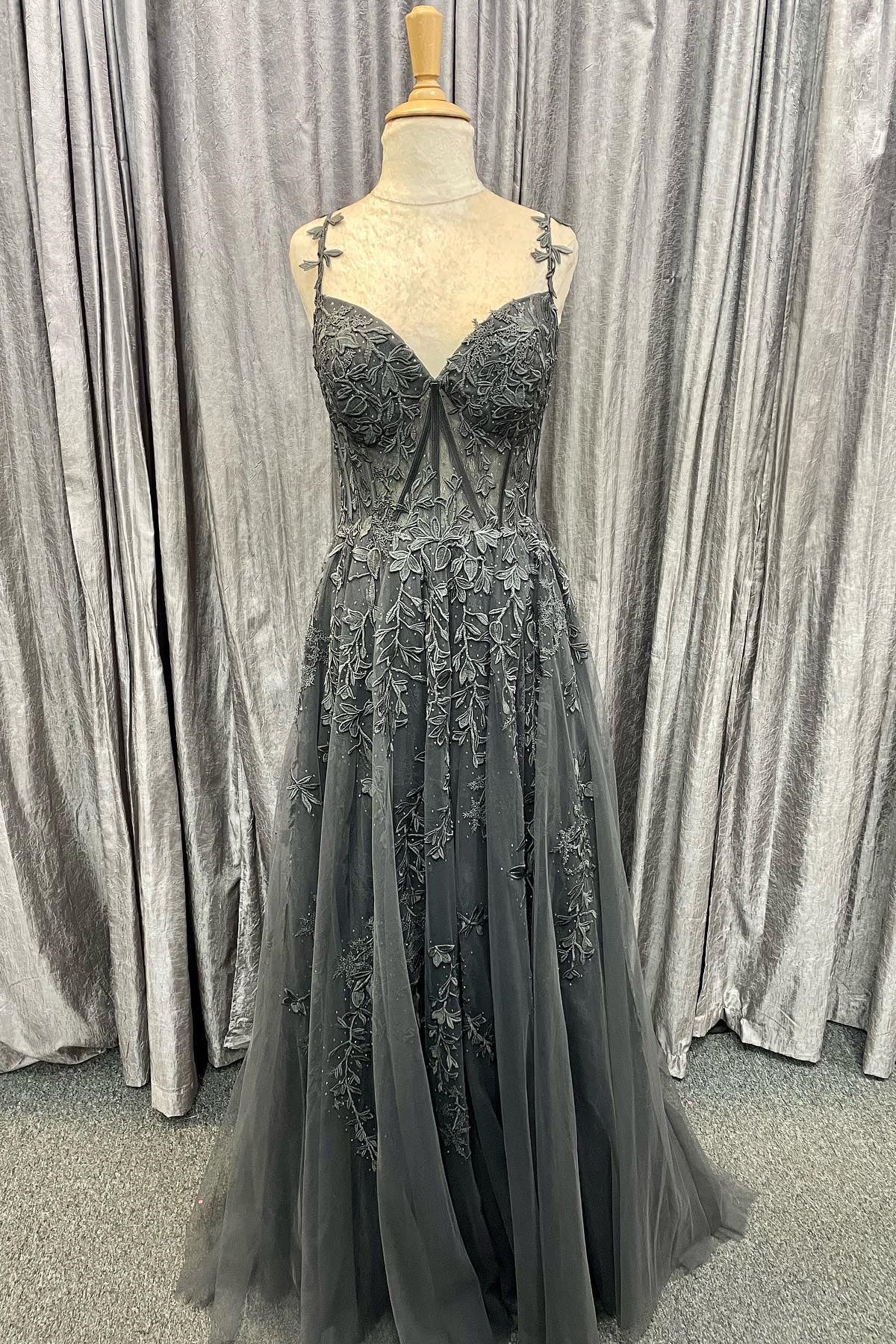 Aqua Tulle Floral Lace Off-the-Shoulder A-Line Prom Dress