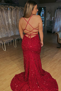 Burgundy Mermaid Lace-Up Back Sequins Long Prom Dress with Slit