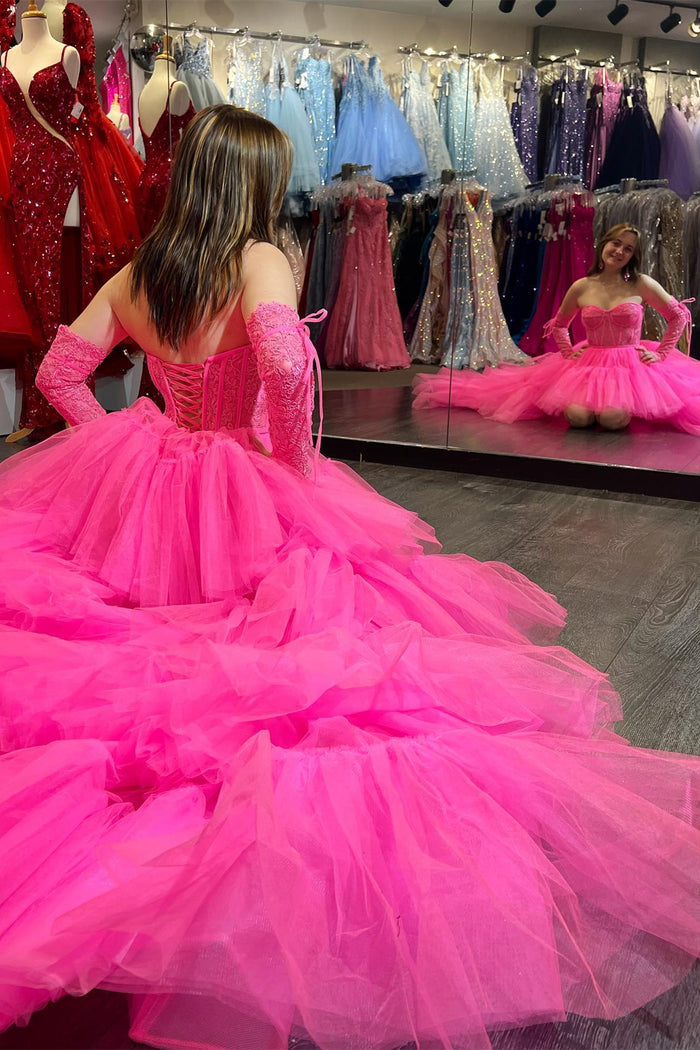 Hot Pink Lace Corset Tiered High-Low Prom Dress