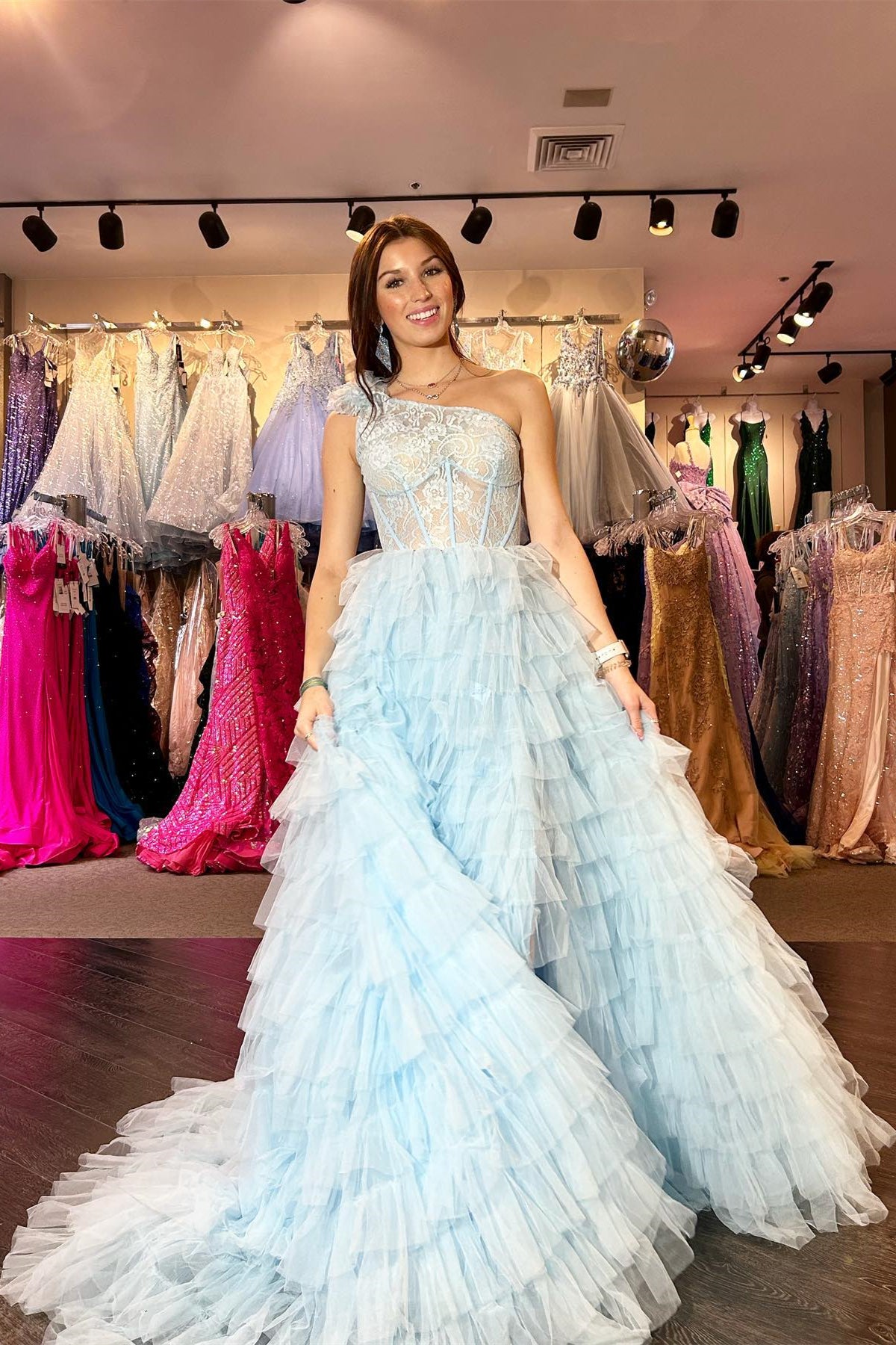 Black Lace One-Shoulder Multi-Tiered Ball Gown with Ruffles