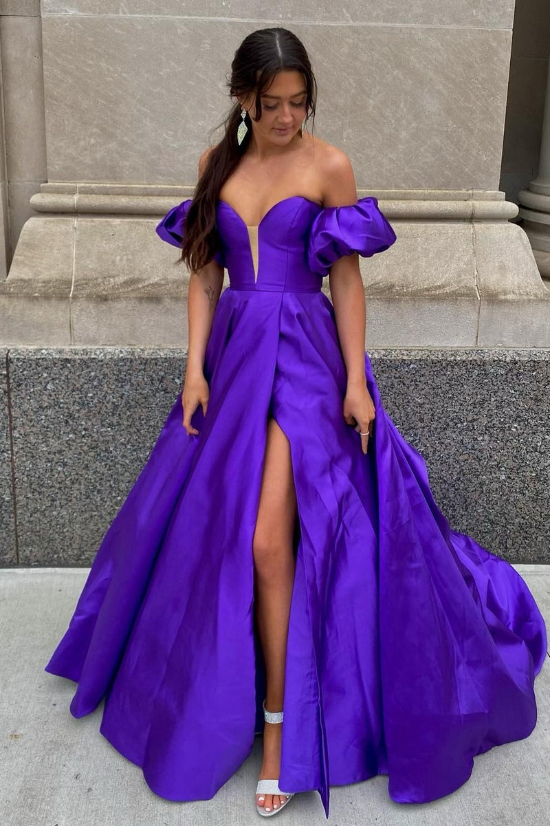 Blue Satin Strapless A-Line Long Prom Dress with Puff Sleeves