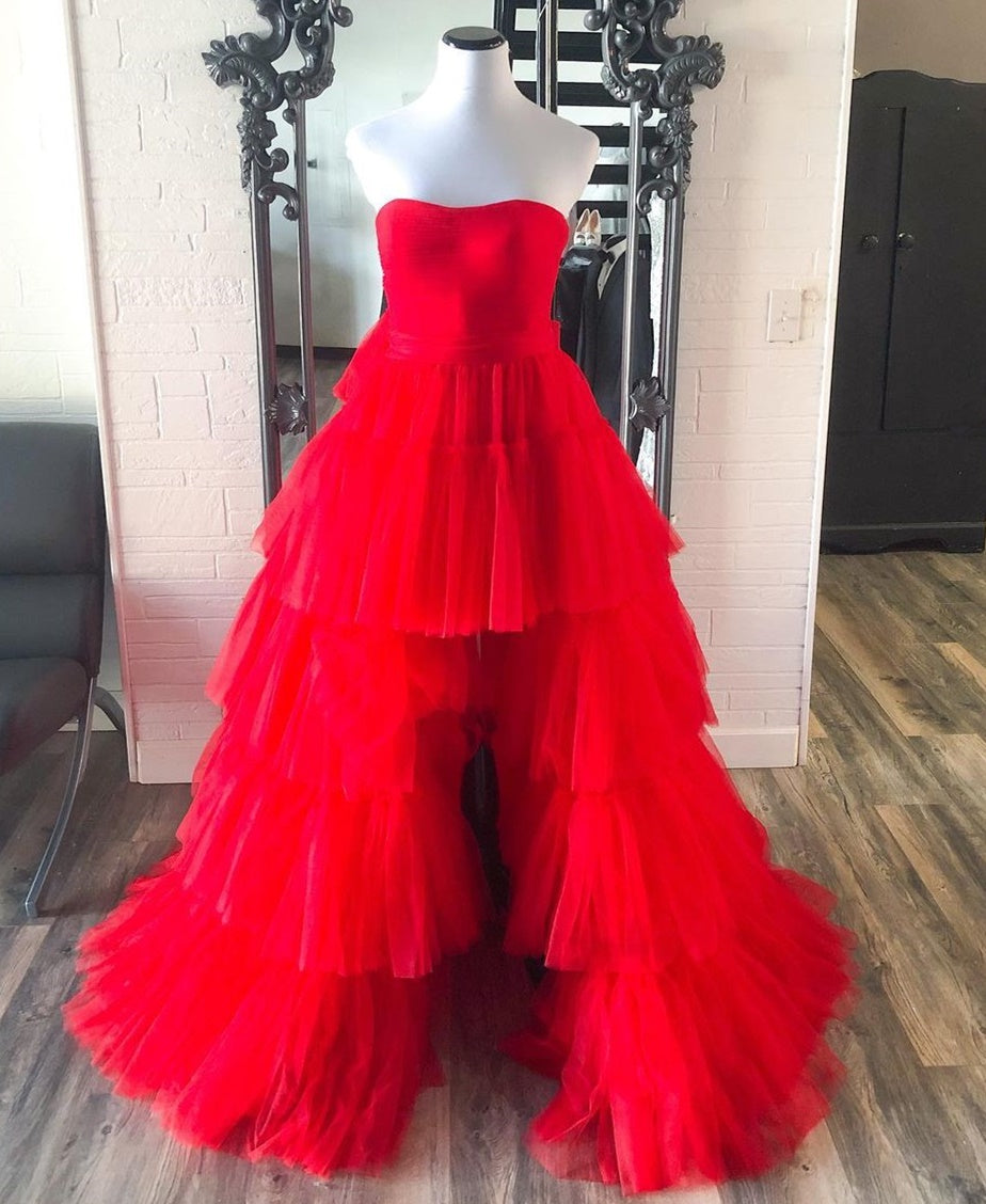 High Low Hot Pink Strapless Formal Gown