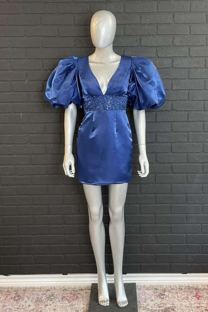 Puff Sleeve Beaded Waist Bodycon Short Party Dress