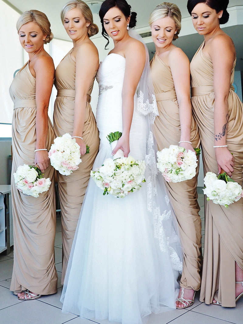 champagne one shoulder dresses bridesmaid