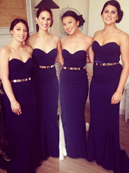 Mermaid Navy Blue Bridesmaid Dress - Sweetheart Gold Belt