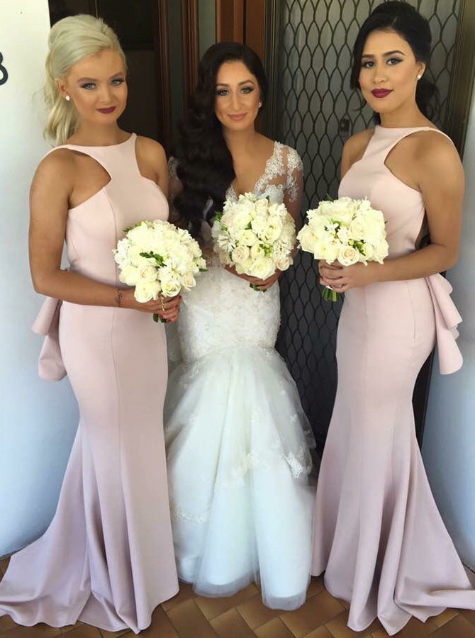 Special Mermaid Long Pink Bridesmaid Dress with Open Back