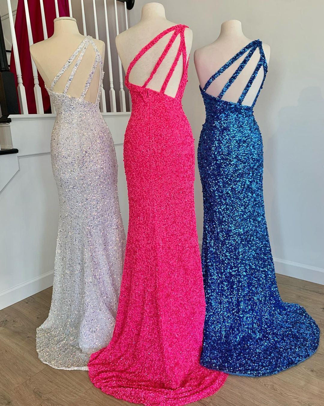 One Shoulder Hot Pink Sequins Long Formal Gown