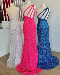 One Shoulder Hot Pink Sequins Long Formal Gown