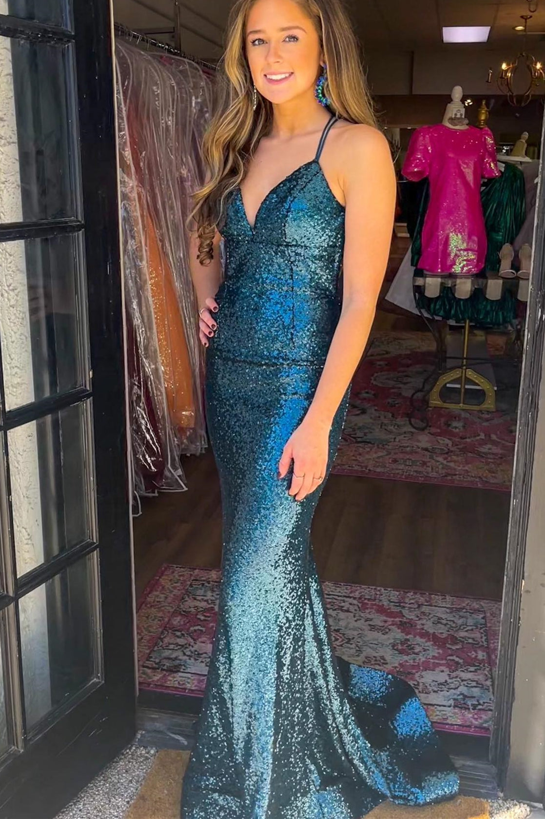Green Sequin V-Neck Lace-Up Back Mermaid Prom Gown