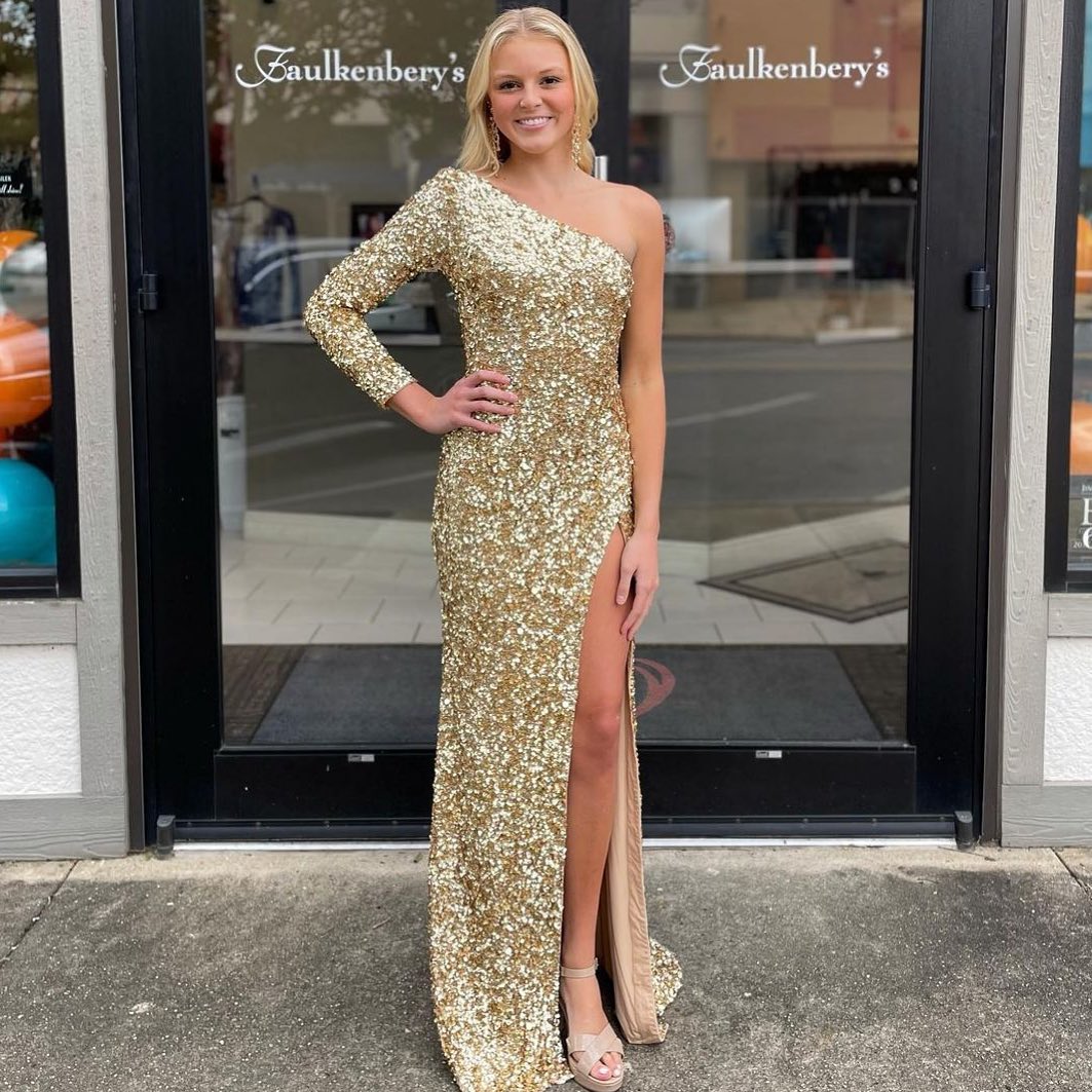 One Shoulder Long Sleeves Mermaid Long Party Dress