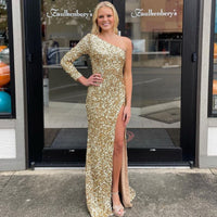 One Shoulder Long Sleeves Mermaid Long Party Dress