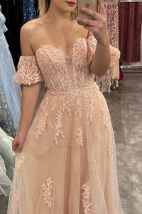 Peach Tulle Floral Lace Strapless A-Line Prom Gown with Puff Sleeves