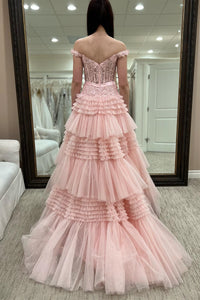 Pink Tulle Lace Off-the-Shoulder Ruffles Tiered Long Prom Dress