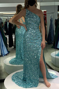 One Shoulder Hot Pink Sequins Long Formal Gown