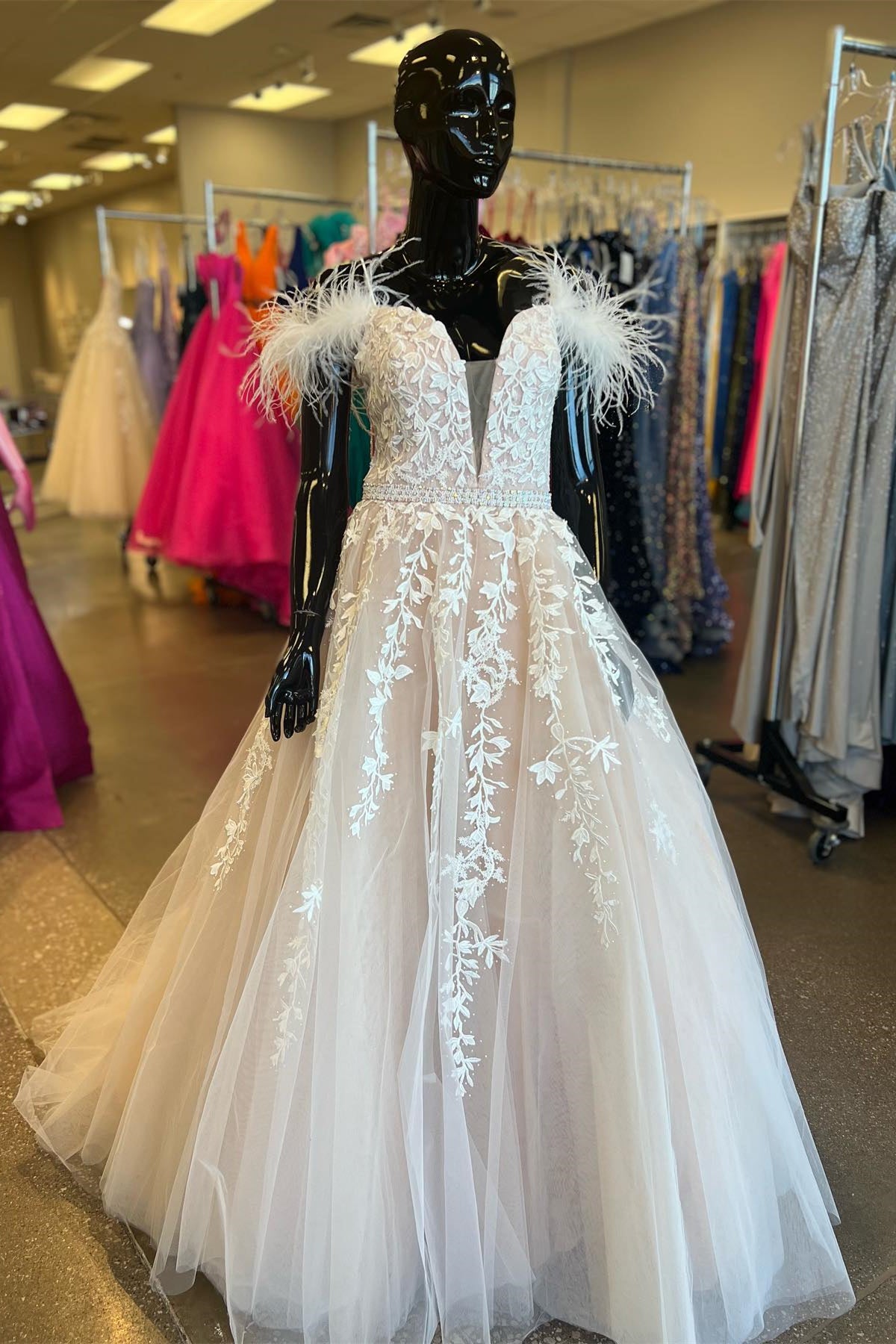 Ivory Appliques Feather Off-the-Shoulder A-Line Prom Gown