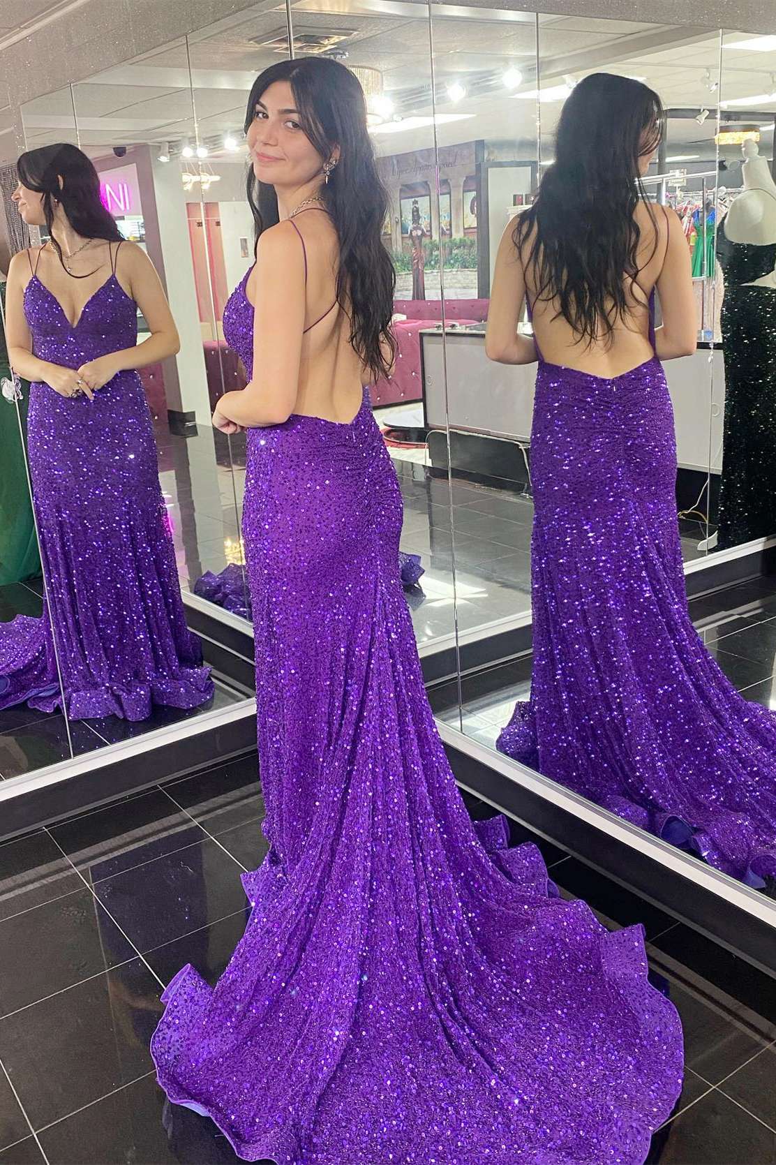 Purple Sequin V-Neck Open Back Mermaid Long Formal Dress