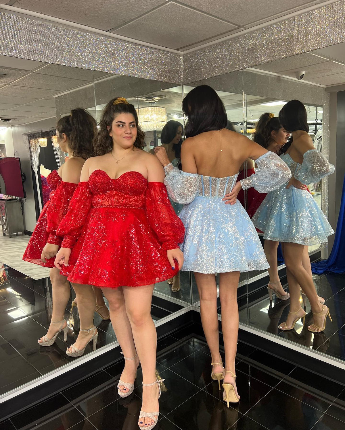 Red Sequin Strapless Short Party Dress with Removable Sleeves