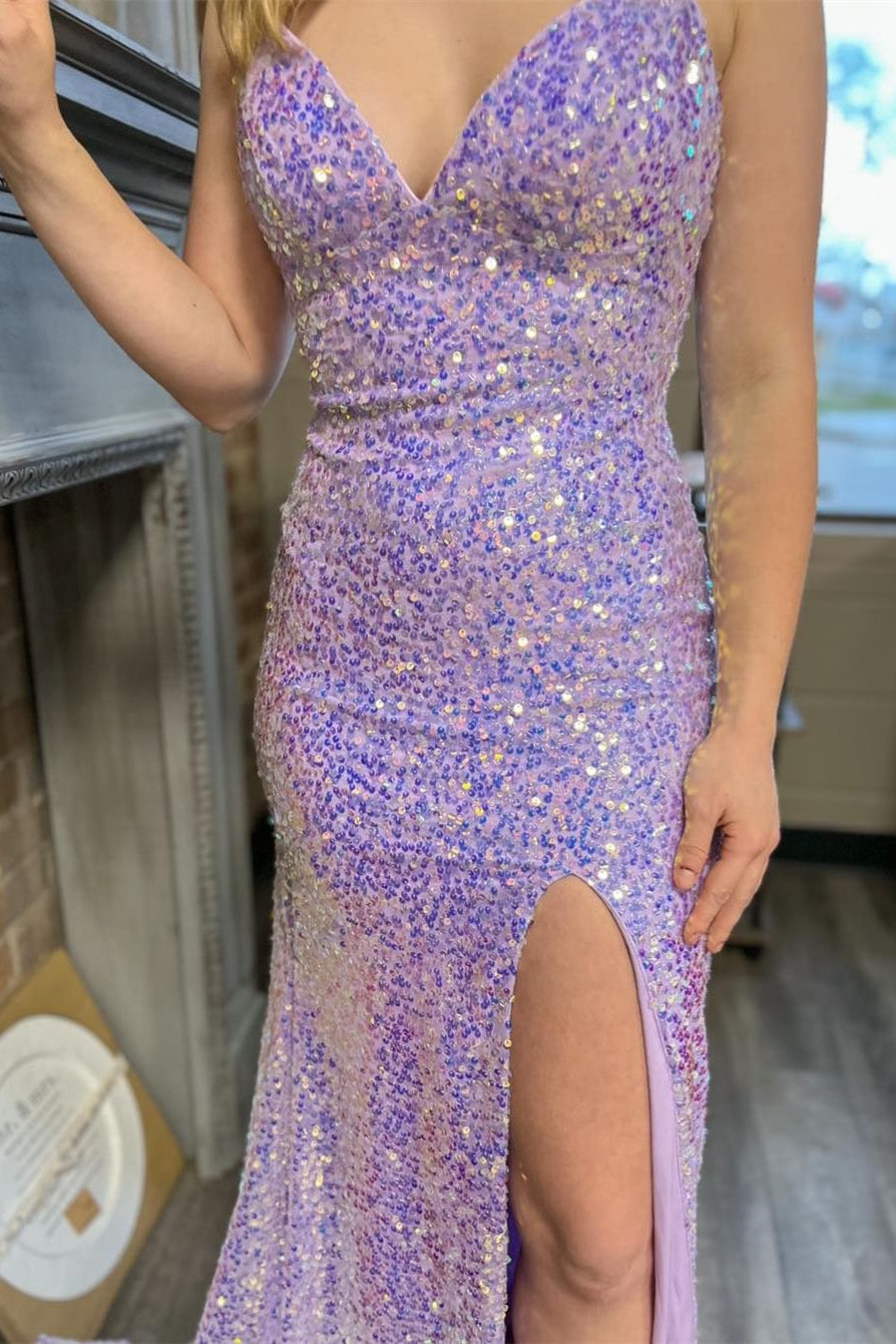 Lilac Double Straps Lace-Up Sequins Mermaid Long Prom Dress with Slit