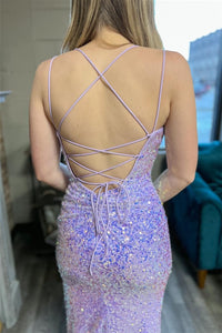 Lilac Double Straps Lace-Up Sequins Mermaid Long Prom Dress with Slit