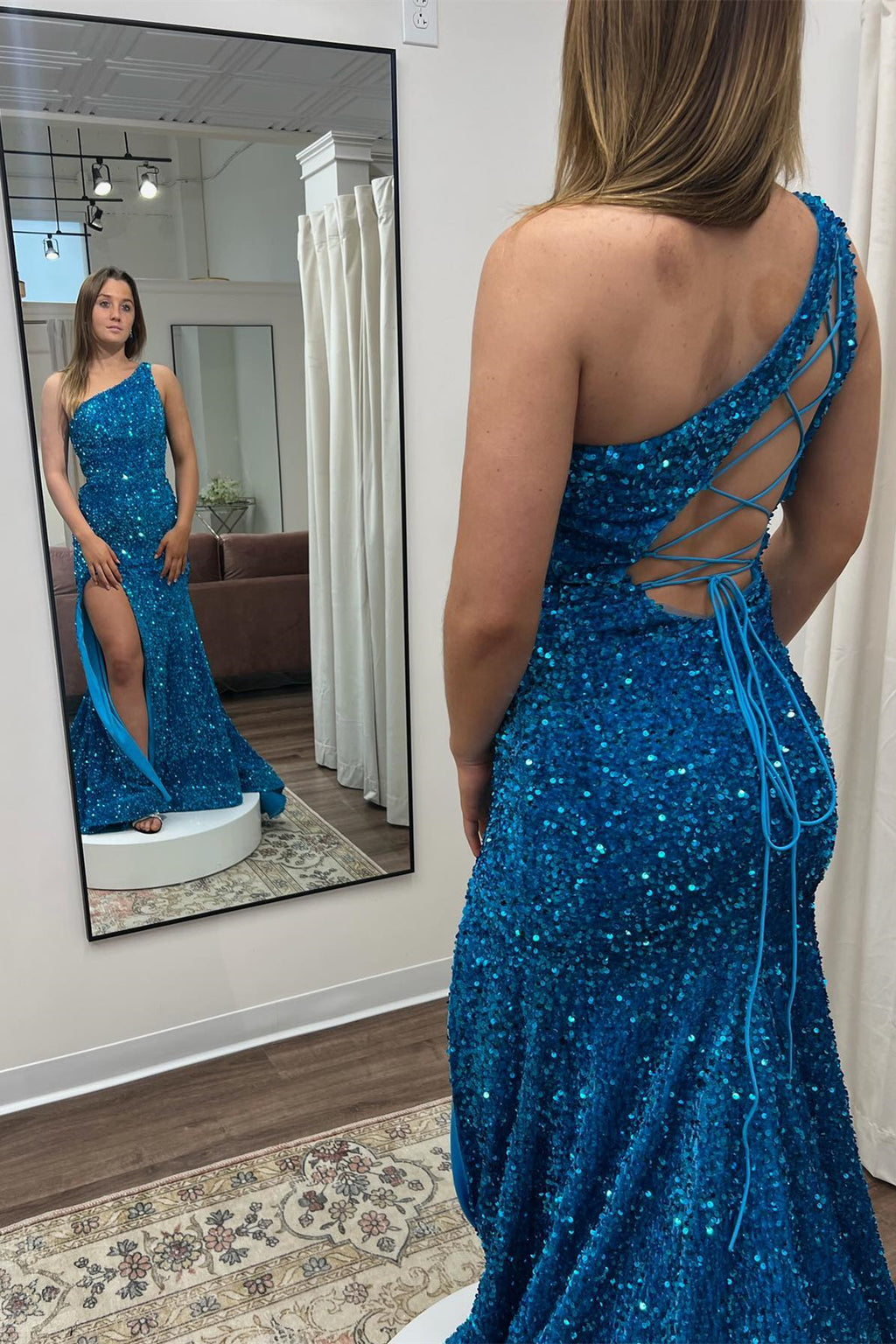 Mermaid One Shoulder Royal Blue Long Prom Dress with Criss Cross