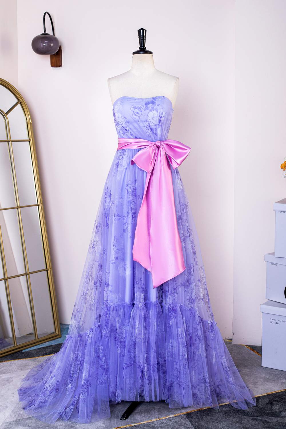 Lavender Floral Strapless Ruffled Long Prom Dress with Bow Sash