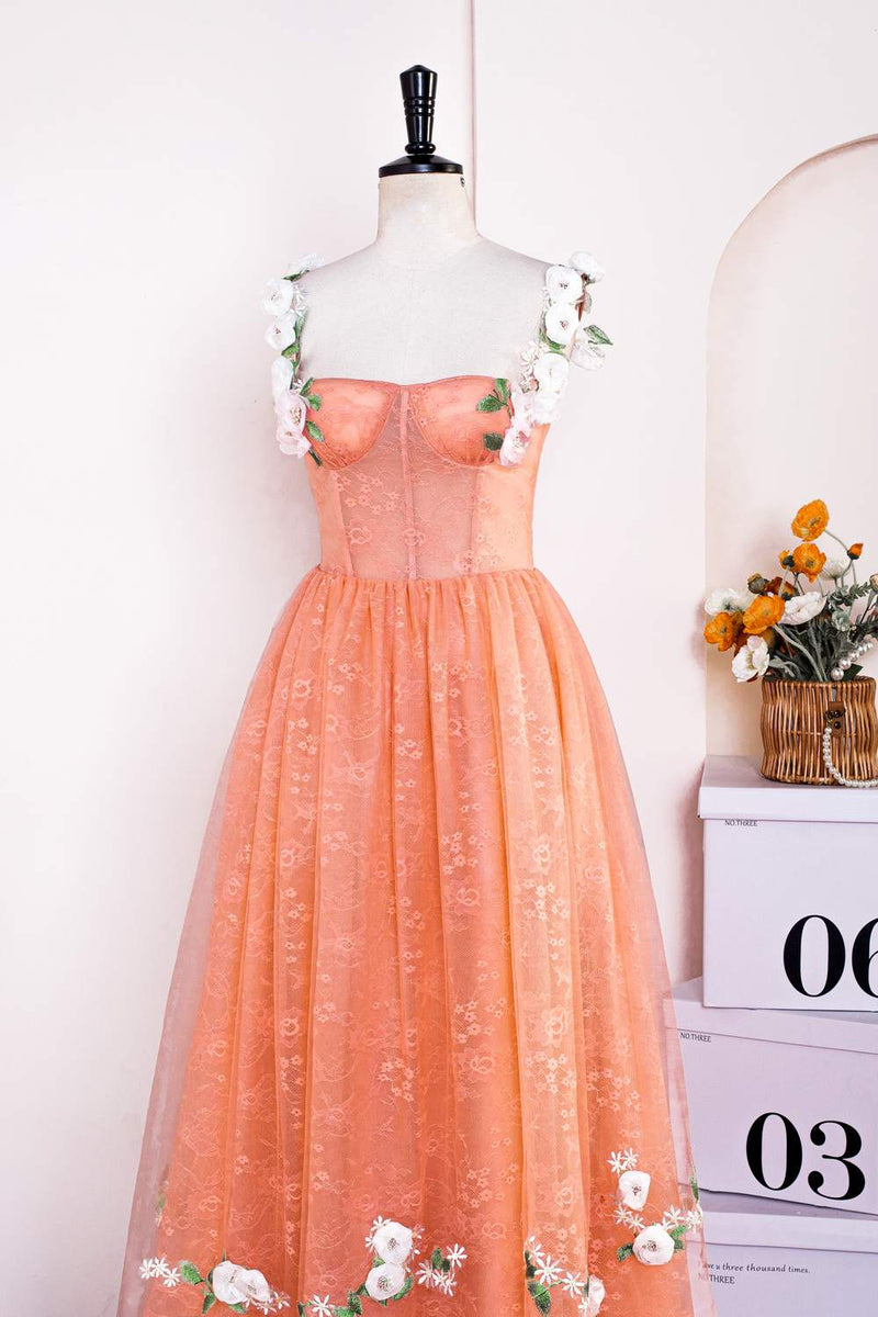 Orange Floral Straps A-line Embroidery Long Prom DressOrange Floral Straps A-line Embroidery Long Prom Dress
