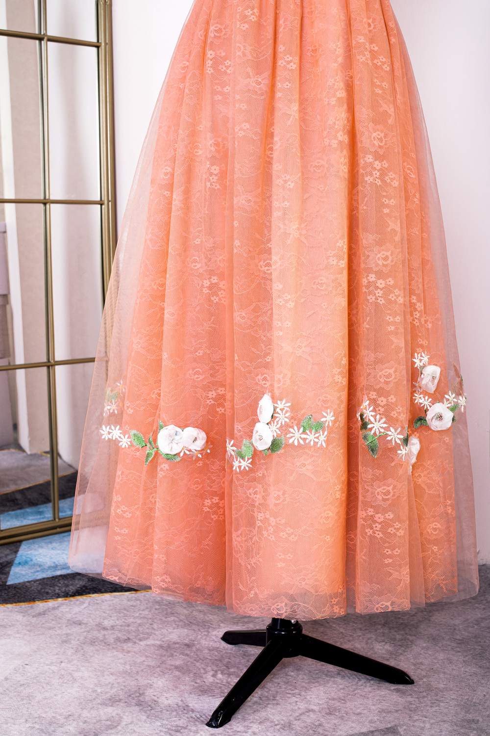 Orange Floral Straps A-line Embroidery Long Prom Dress