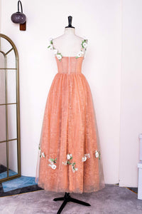 Orange Floral Straps A-line Embroidery Long Prom Dress